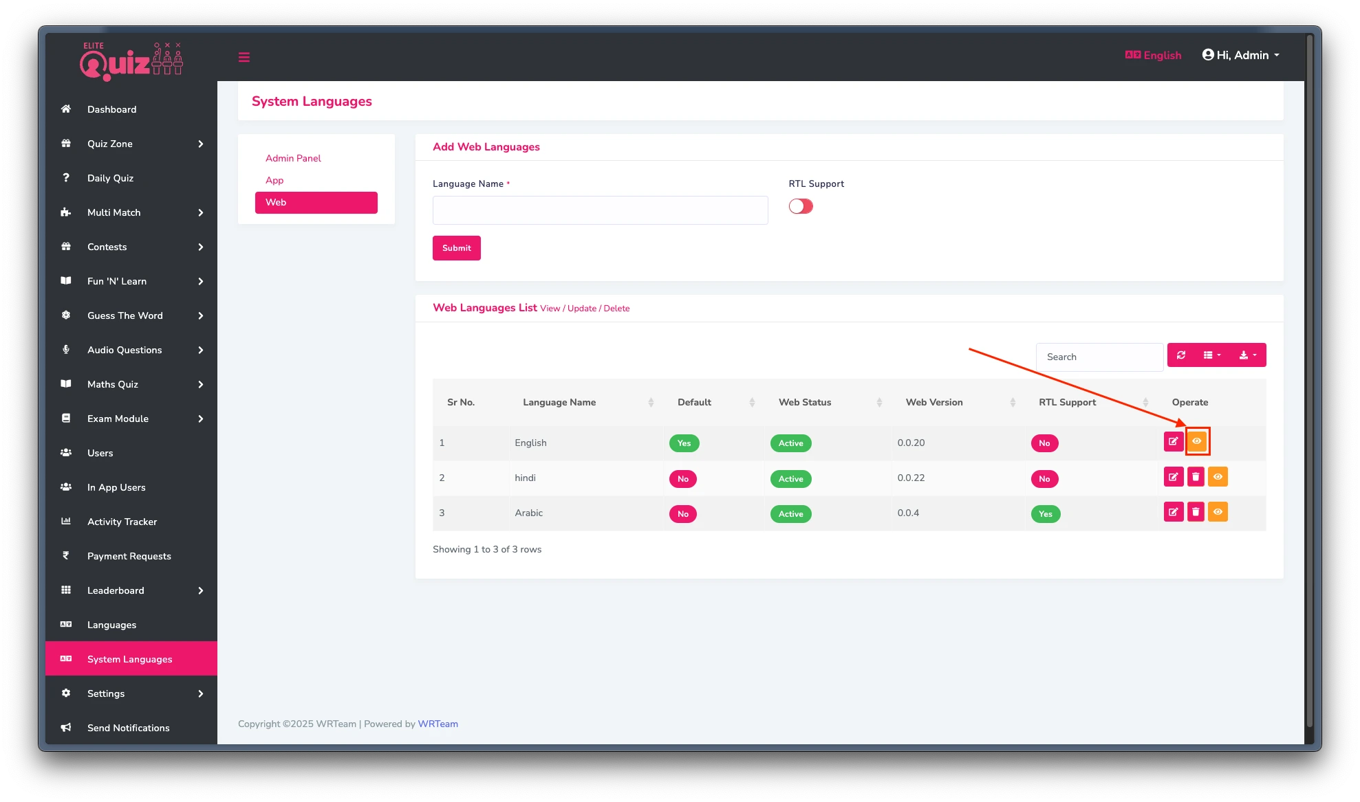 Admin Language Lables of Web
