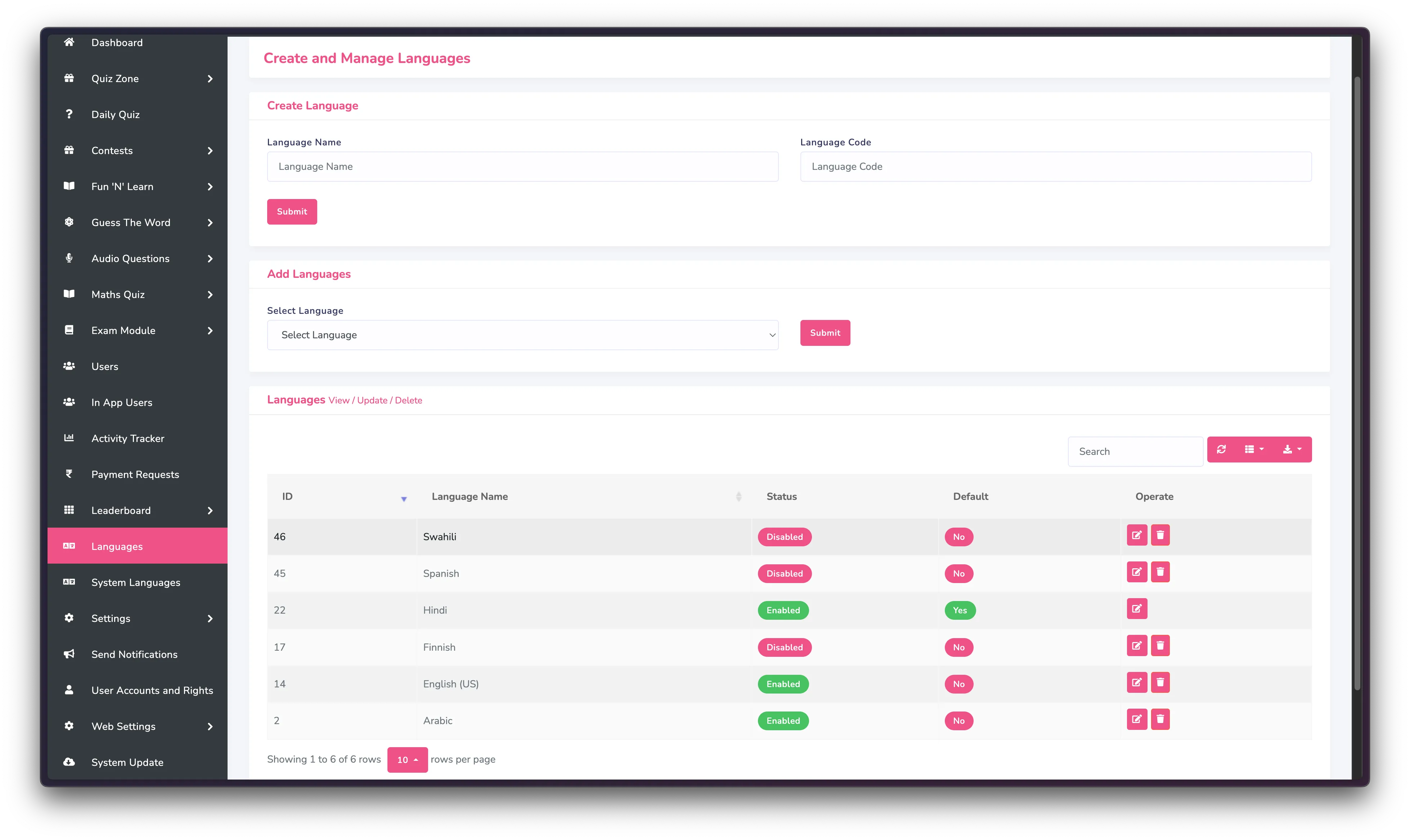 Manage Quiz Languages