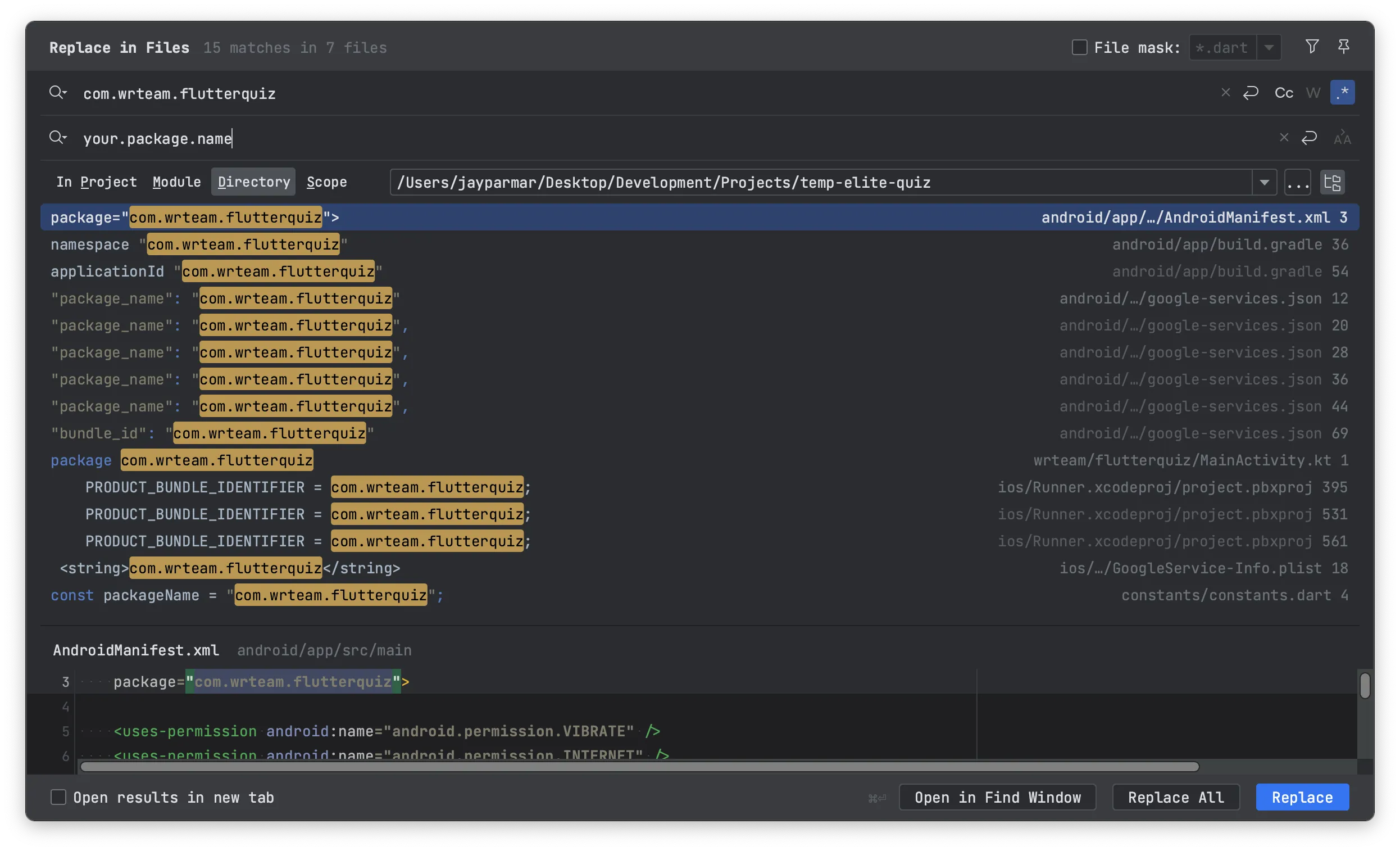 Android Studio Replace Package Name